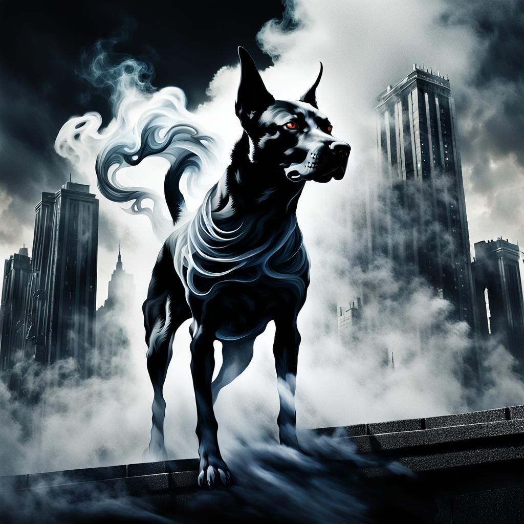 Ghostly Black Dog Gallops Through Dark City