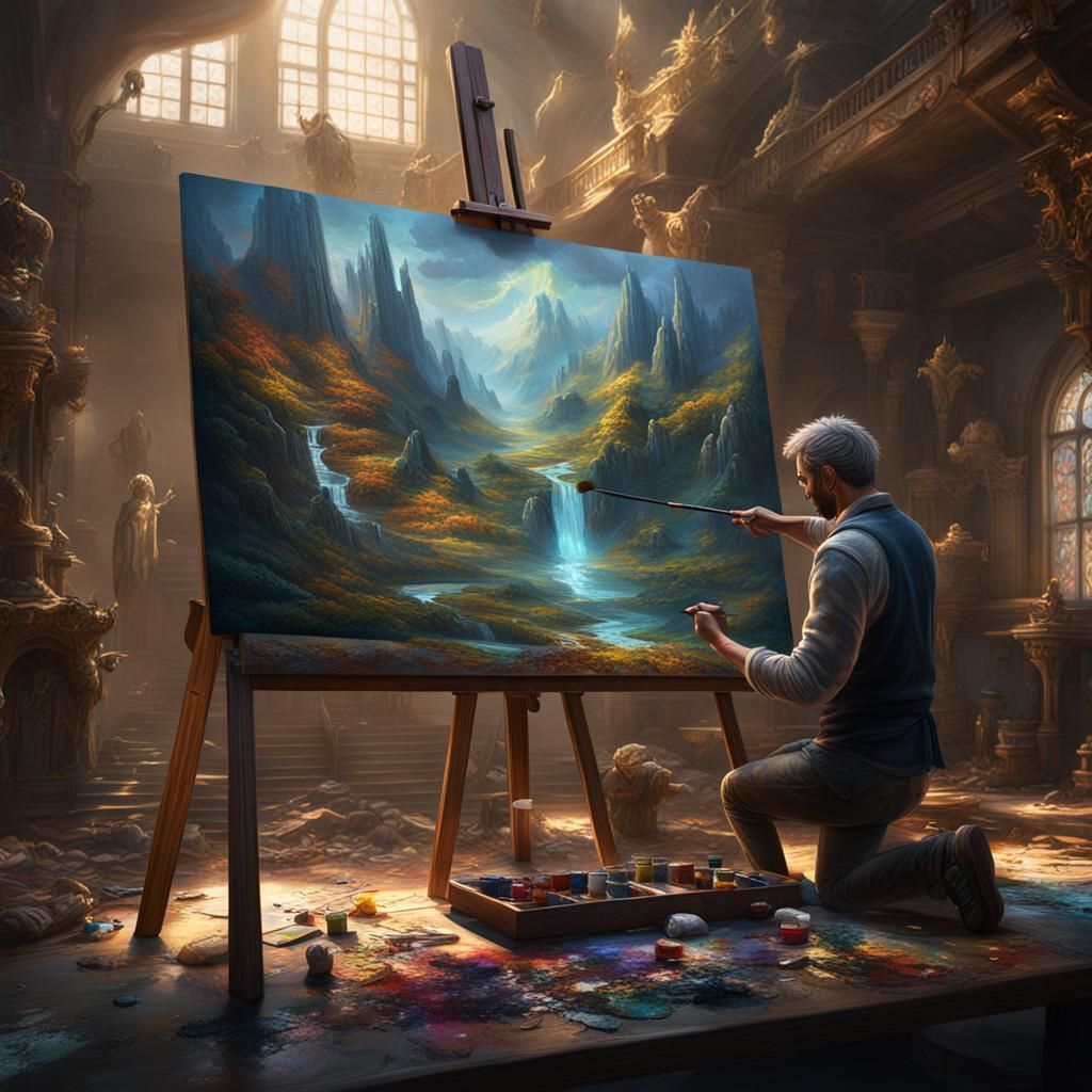 Artists Painting with Fine Brushes: Detailed Matte Painting