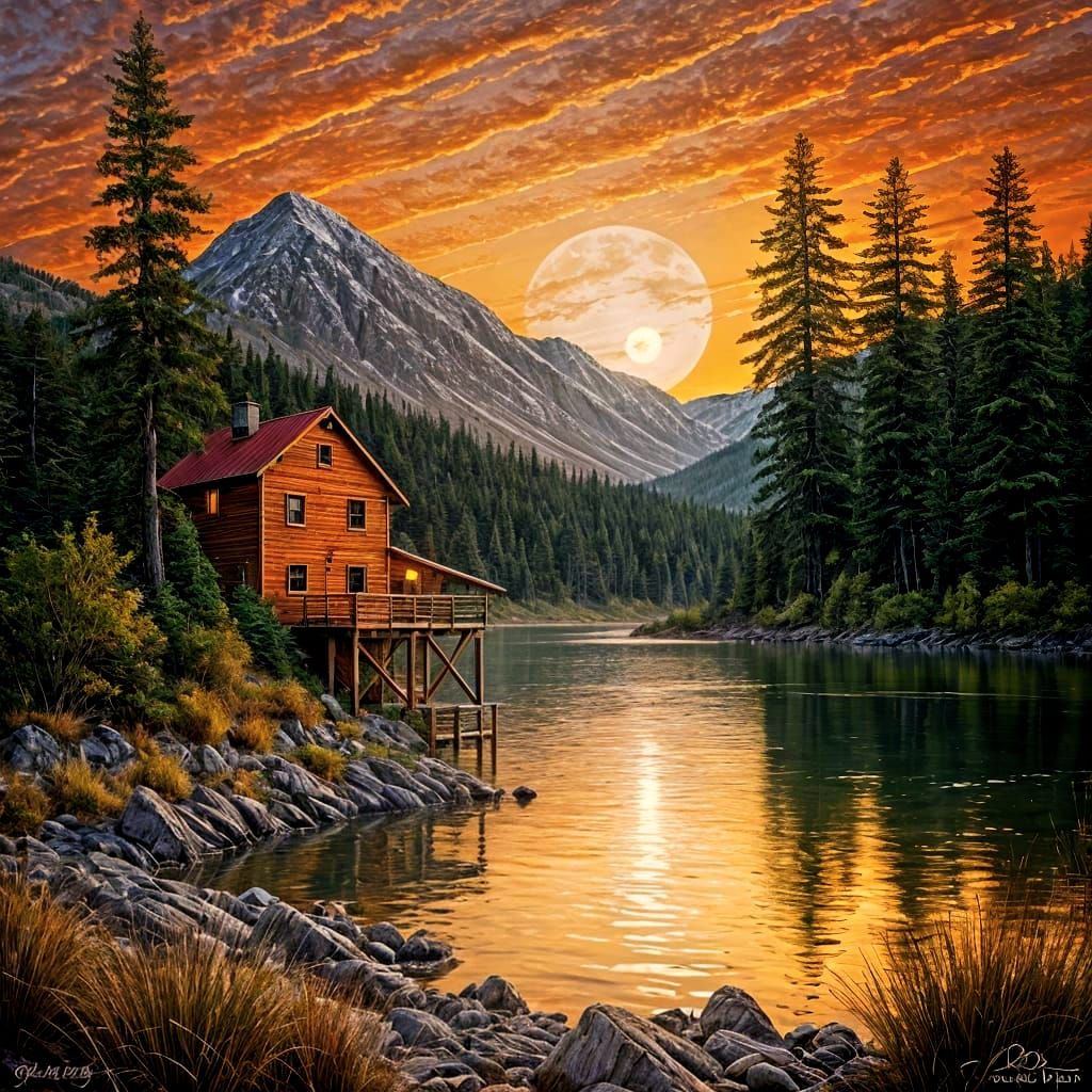 Warm Flour Mill at Misty Lake Sunset