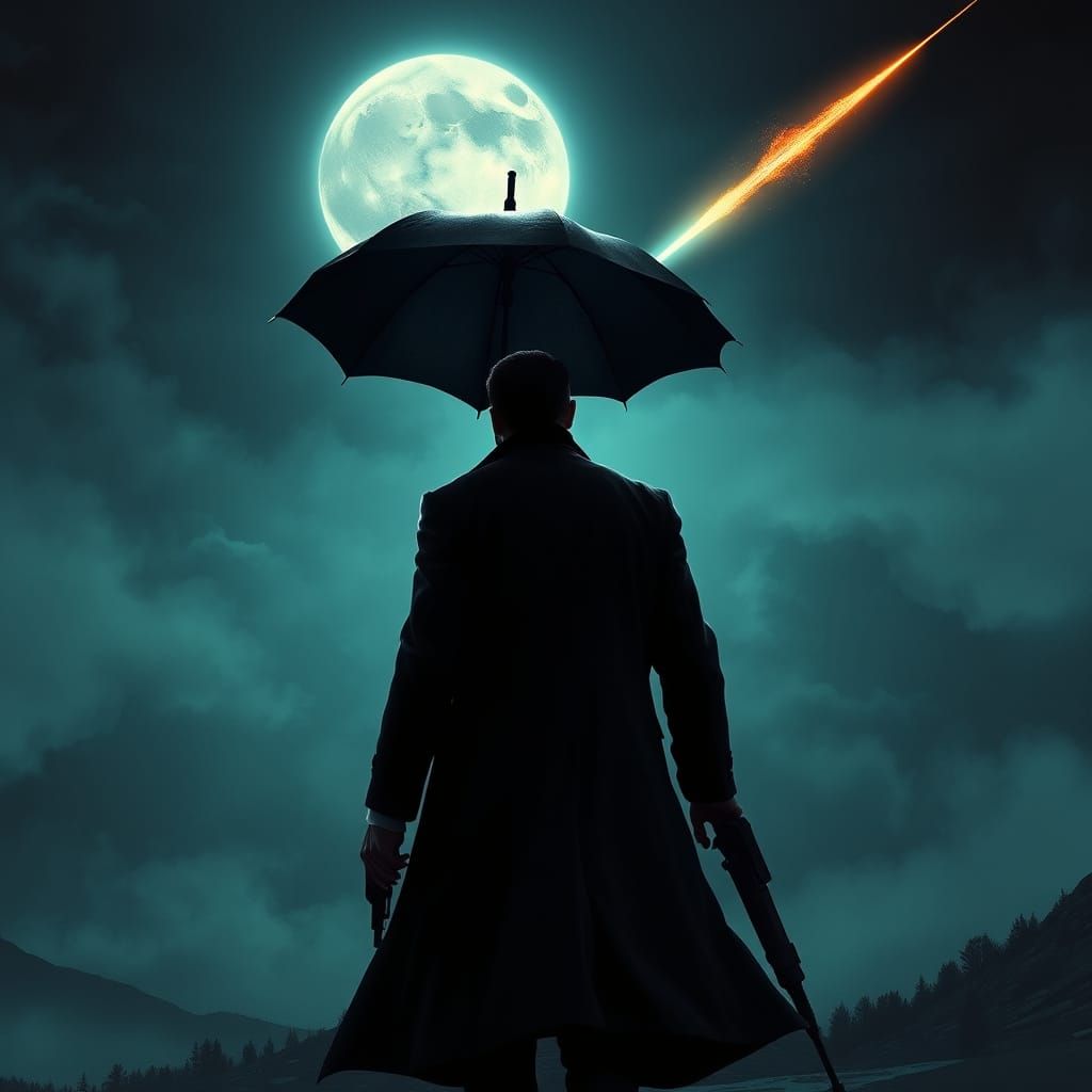 Mysterious Stranger Walks Under Full Moon, Gun and Umbrella ...