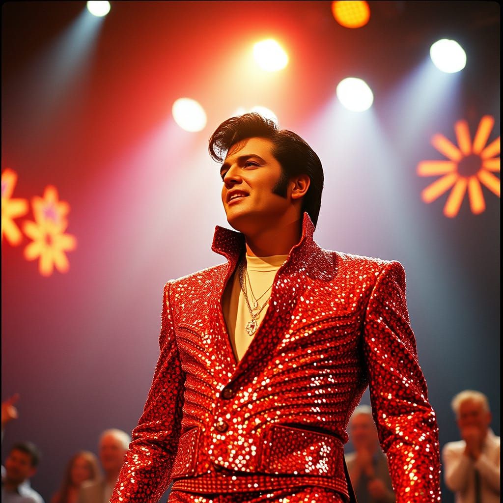 closeup of Elvis in a sequin jumpsuit