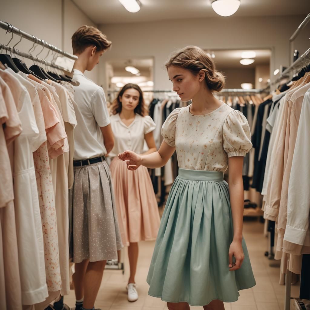 Playful Fitting Room Scene in Soft Natural Lighting