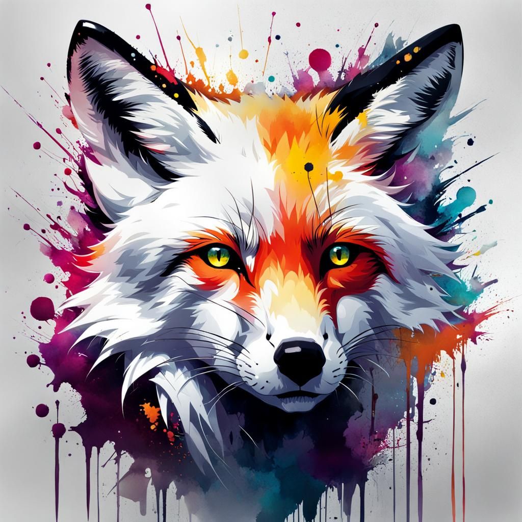 Vibrant White Fox Watercolor Splash Art