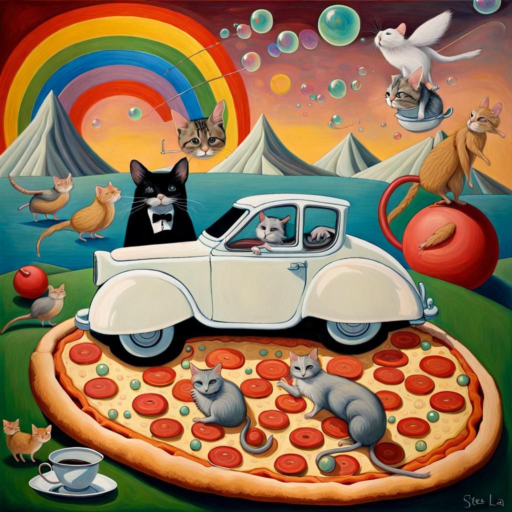 Surreal Mice Drive, Bird Dances with Cat in Peca Art Style