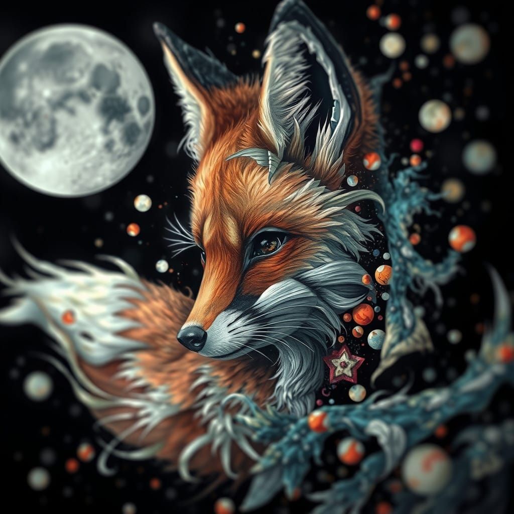 Anime-Inspired Fox Portrait Emerges from Swirling Cubist Pat...
