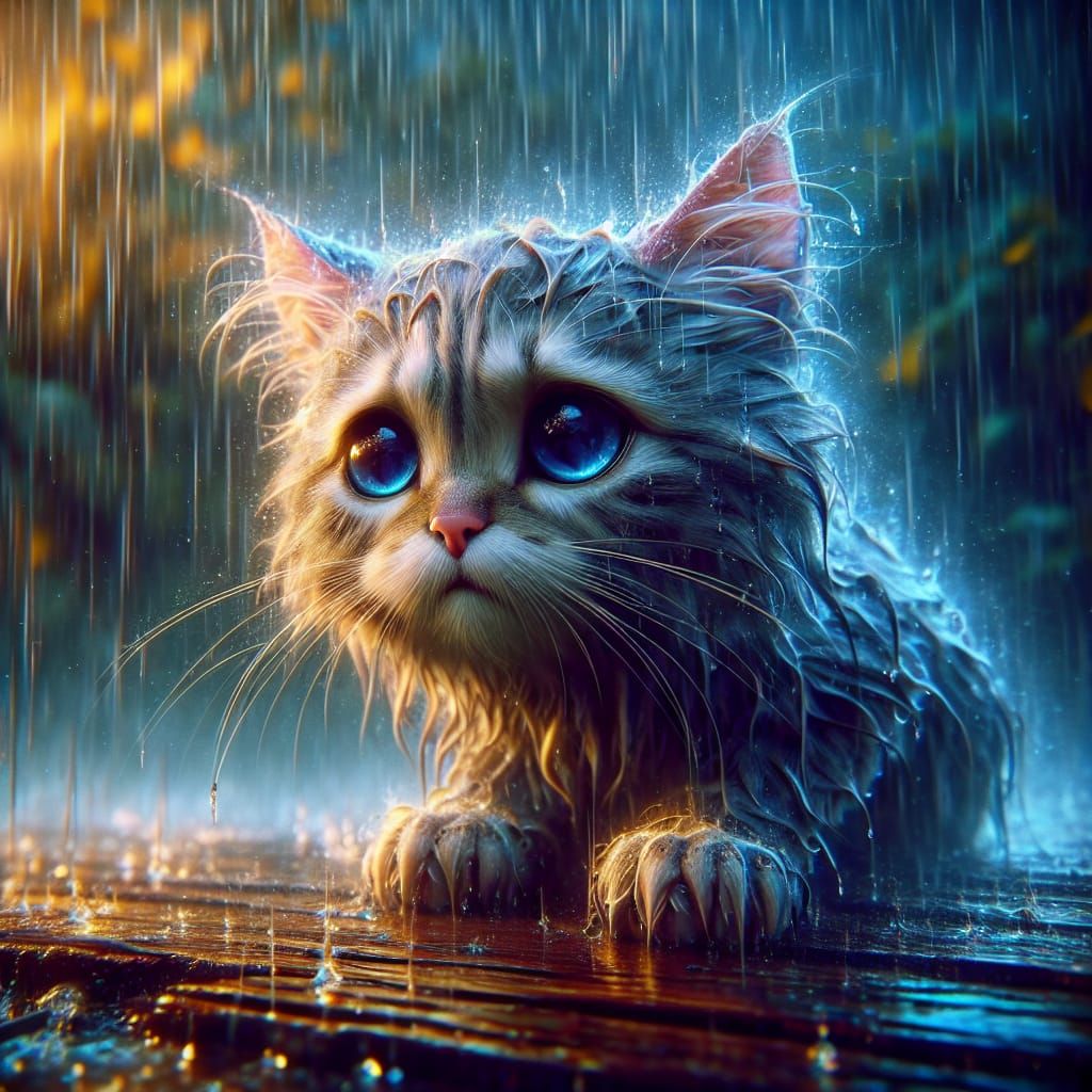 Distressed Kitten in Heavy Rain: Matte Painting