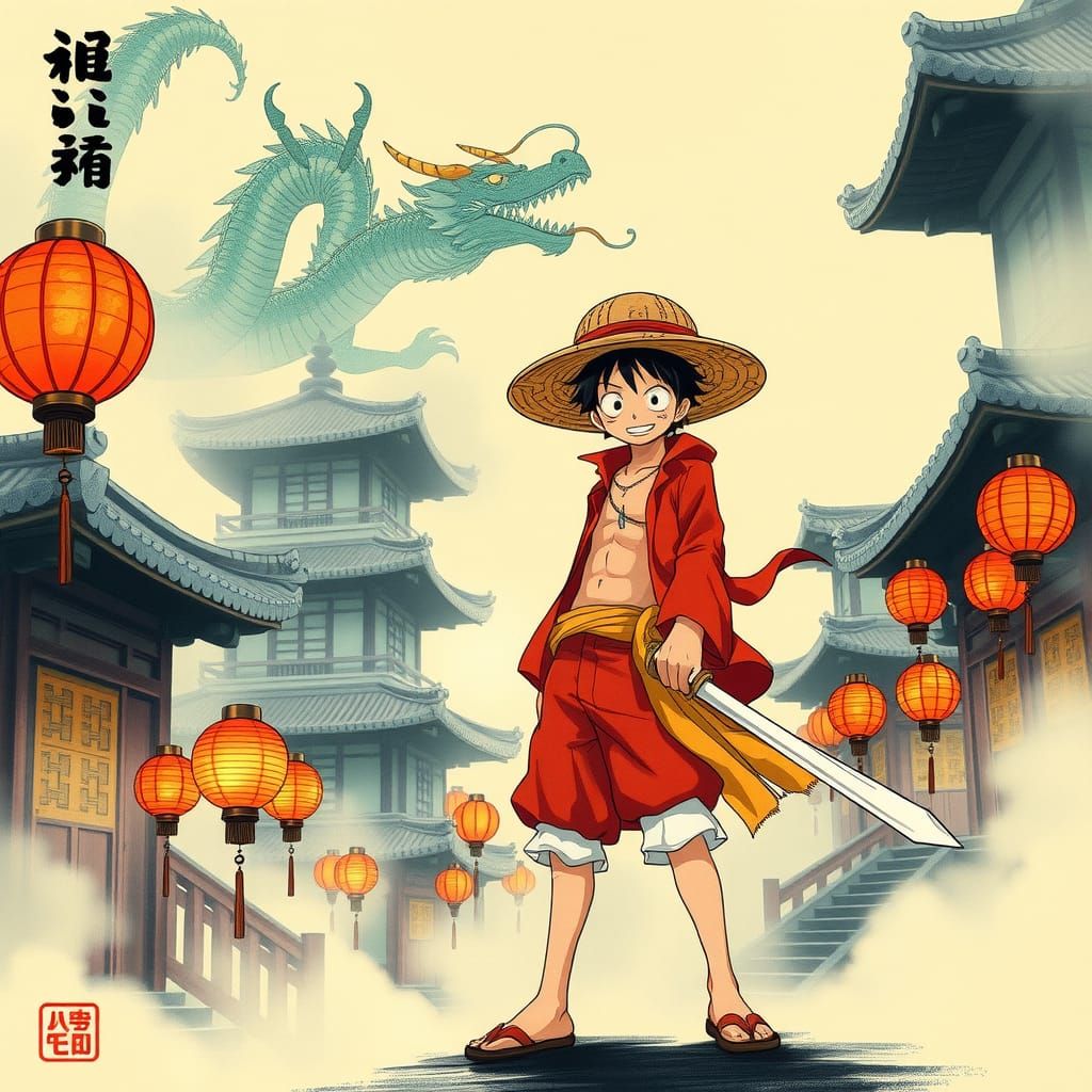 A traditional Ukiyo-e style image of an illustration of one piece