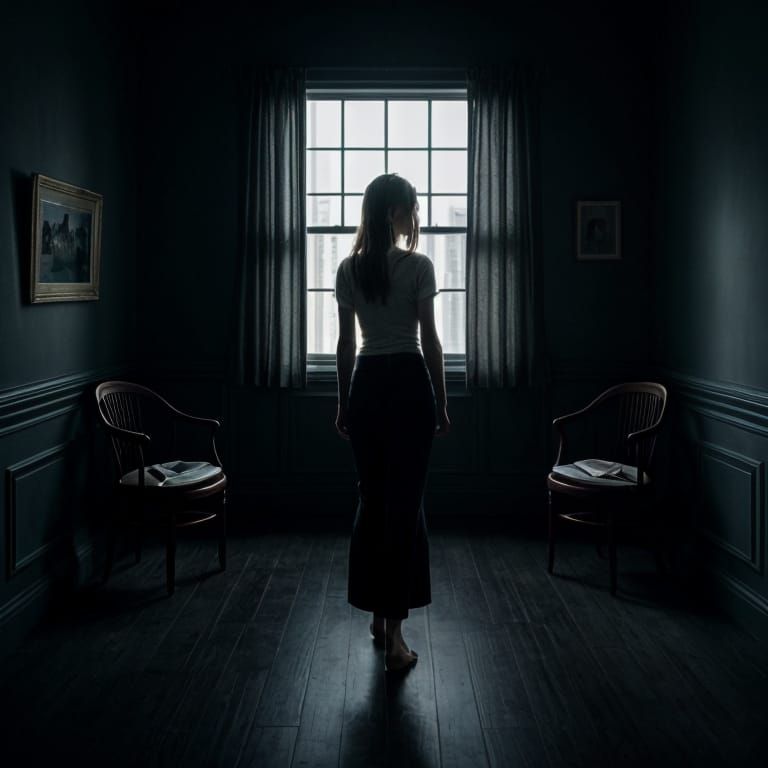Solitary Woman in Stark Interior, Surreal Symbolism