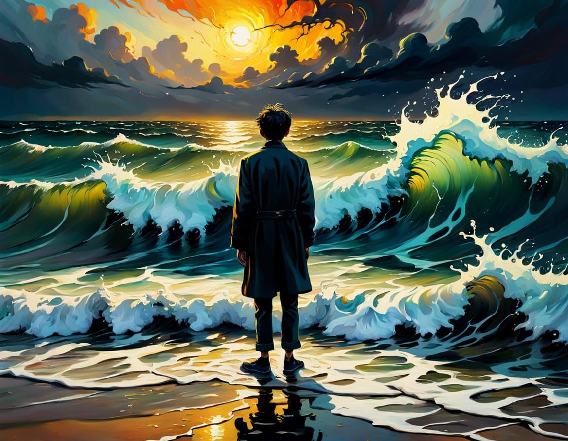 Eerie Waterside Figure in Vibrant Surrealist Oil Painting