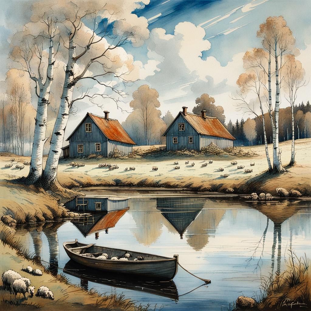 Swedish Farm in Spring, Art Nouveau Style