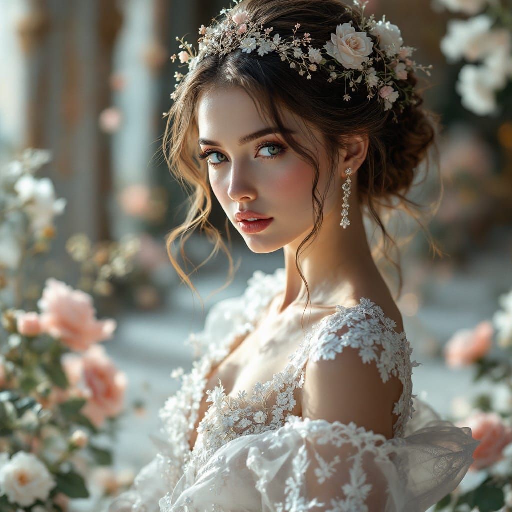 Ethereal Wedding Goddess in Opulent Lace Gown