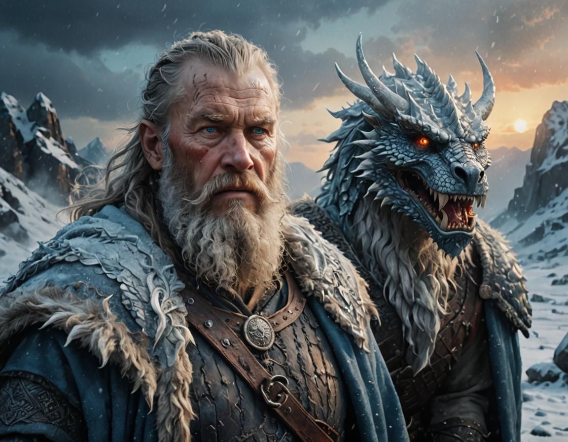 Viking and Dragon in Impasto Oil Painting Style