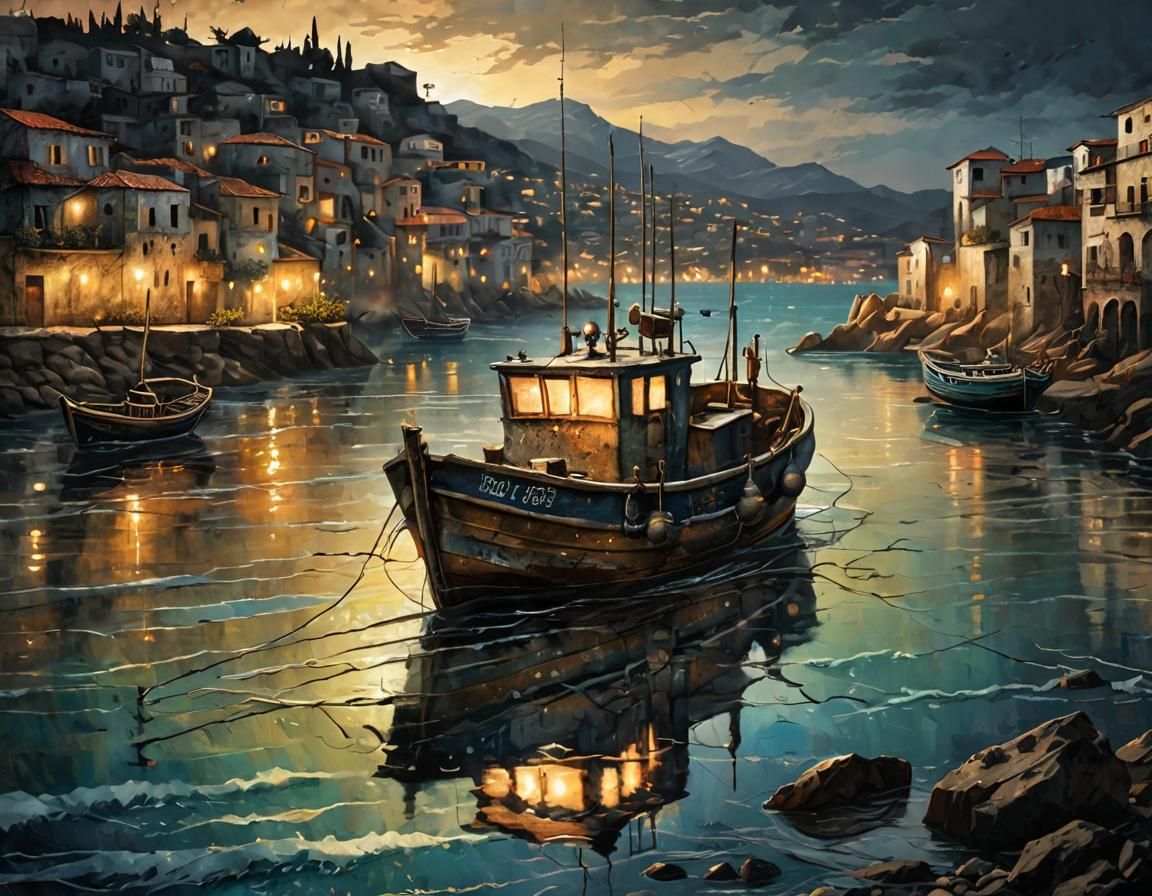 Rustic Fishing Boat at Sunrise: Acrylic Painting