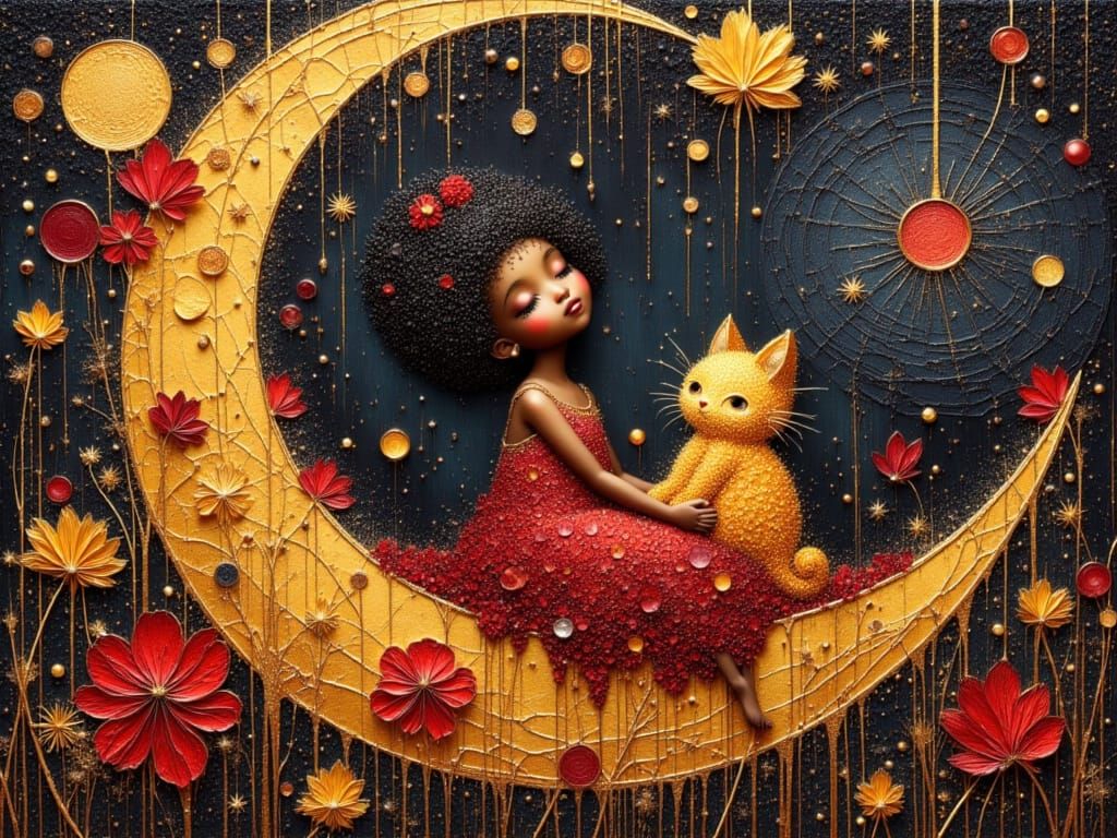 Monochromatic Girl on Moon Swing with Cat, Impasto Oil Paint...