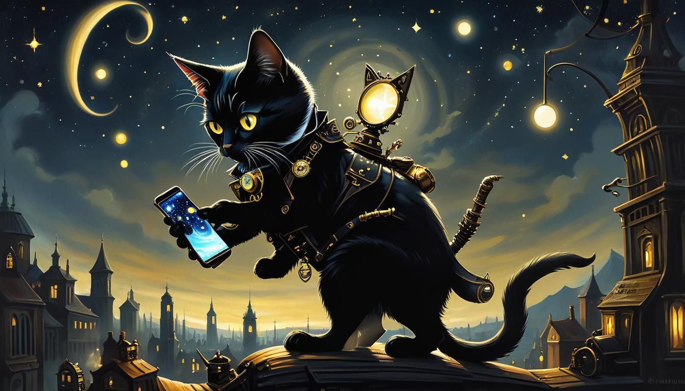 Steampunk Cat Plays Smartphone in Starry Night