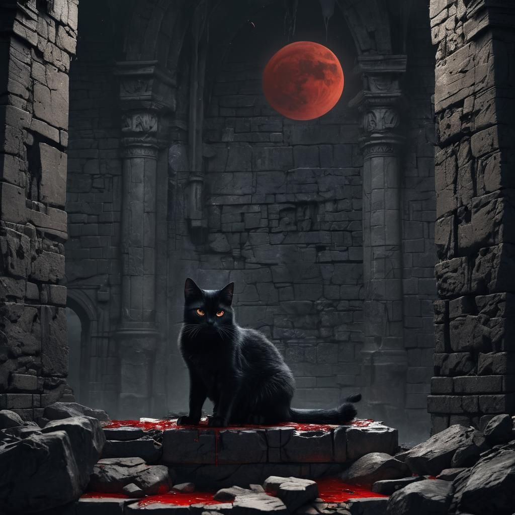 Black Cat King on Stone Throne in Dark Fantasy