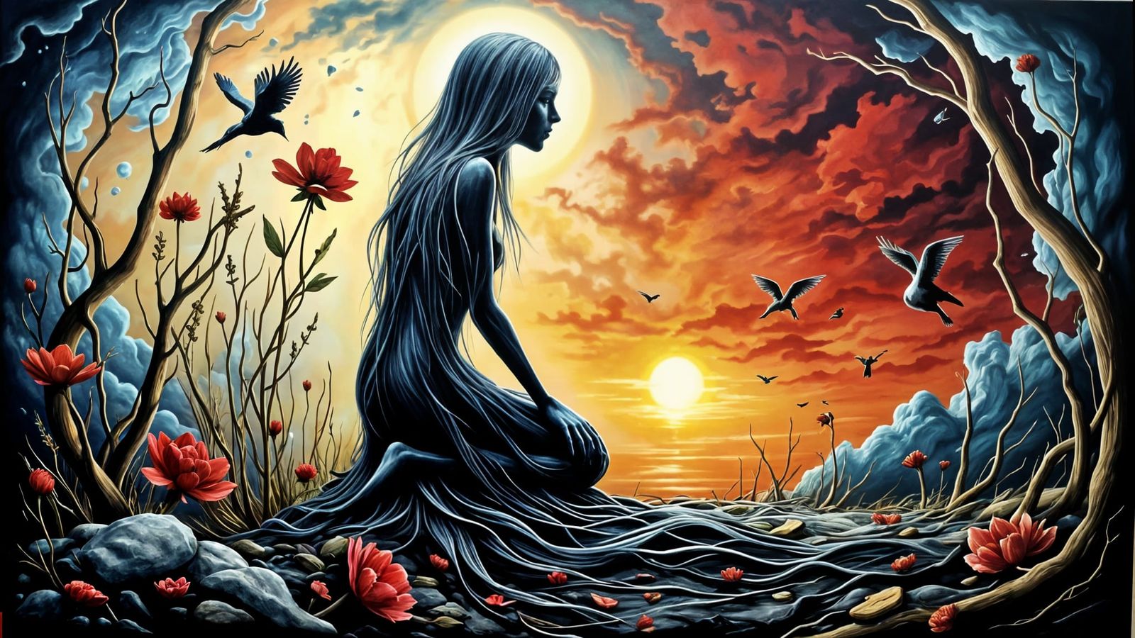 Ephemeral Land Art Sculpture with Sunset, Bio Art Collage