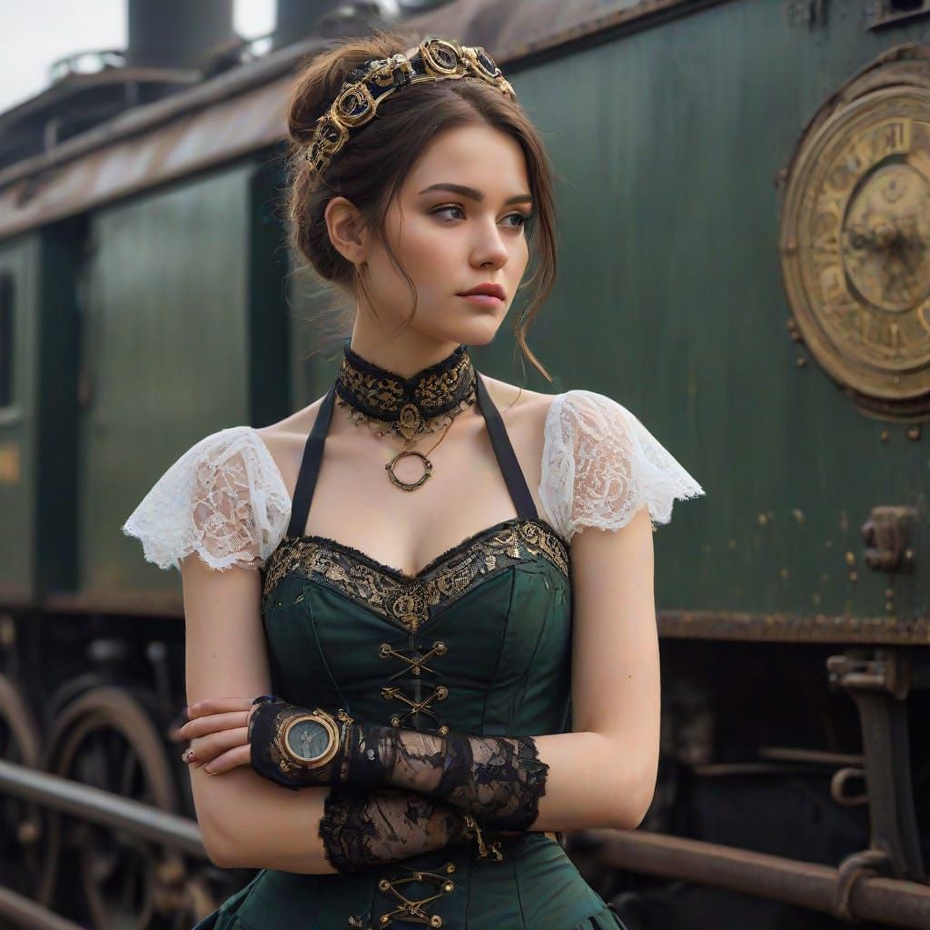 Steampunk Siren in Vintage Locomotive Setting