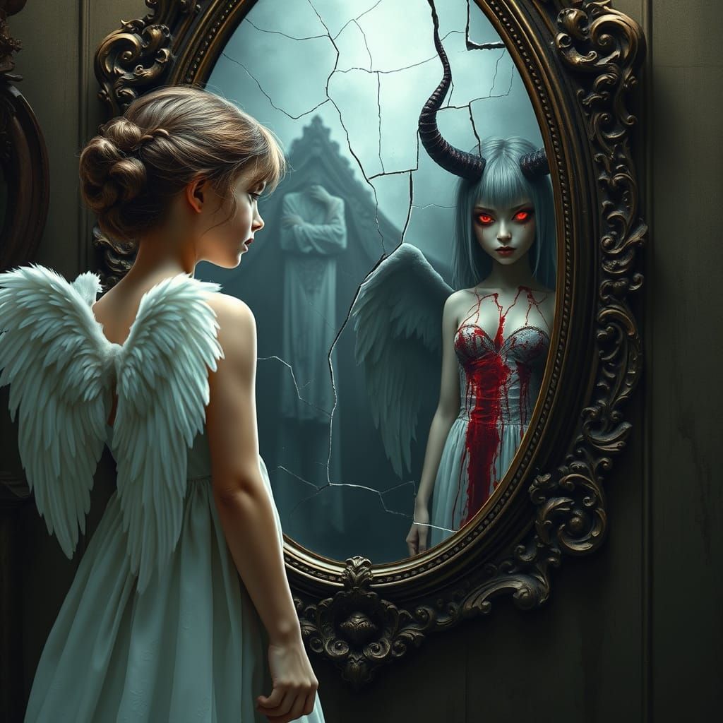 Angelic Teenage Girl Confronts Dark Reflection in Haunting M...