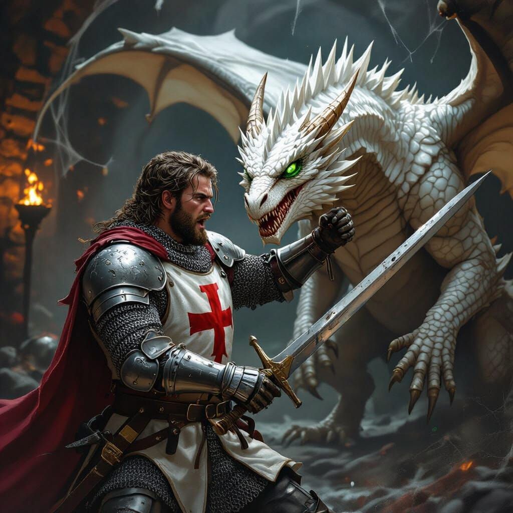 Crusader Knight's Battle with White Dragon