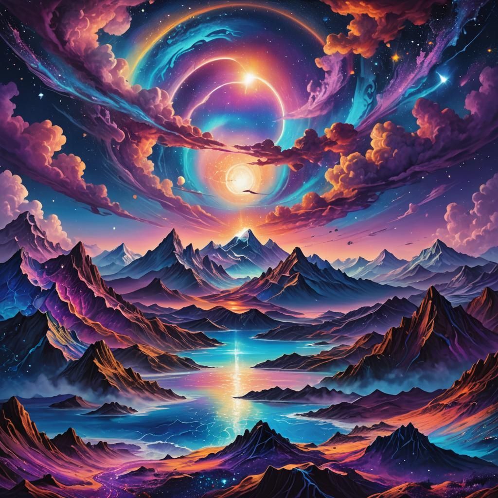 Mountains and Ocean Collide in Cosmic Mixed Media Art