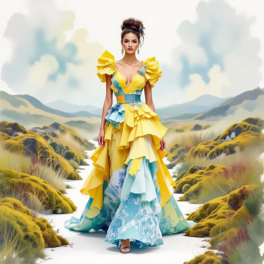 Fashionista in Haute Couture Dress in Scandinavian Landscape