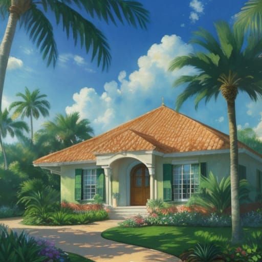 Idyllic Palm Garden Scene in Impressionist Watercolor Style