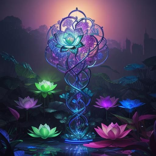 Retro-Futuristic Neon Lotus Lamp in Unreal Engine 5 Style