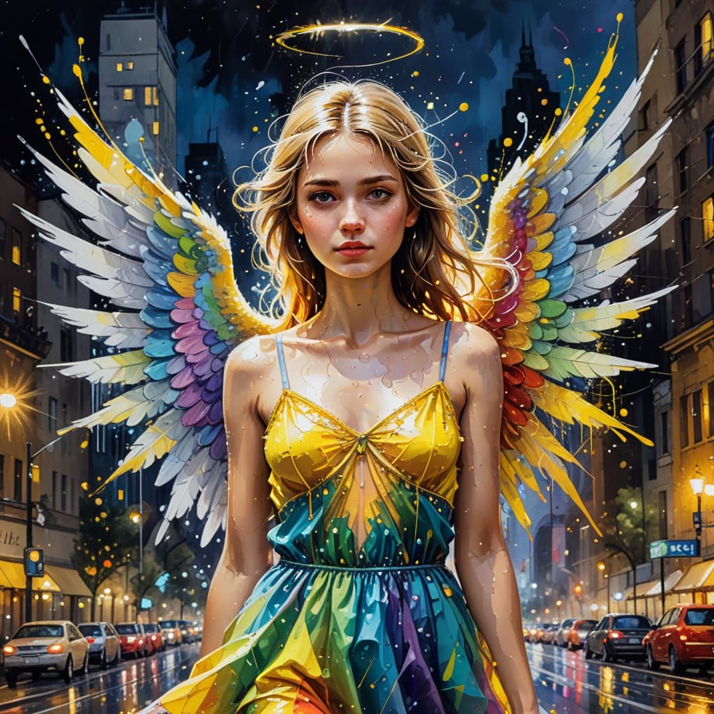 Rainbow Angel in Night City Oil Painting