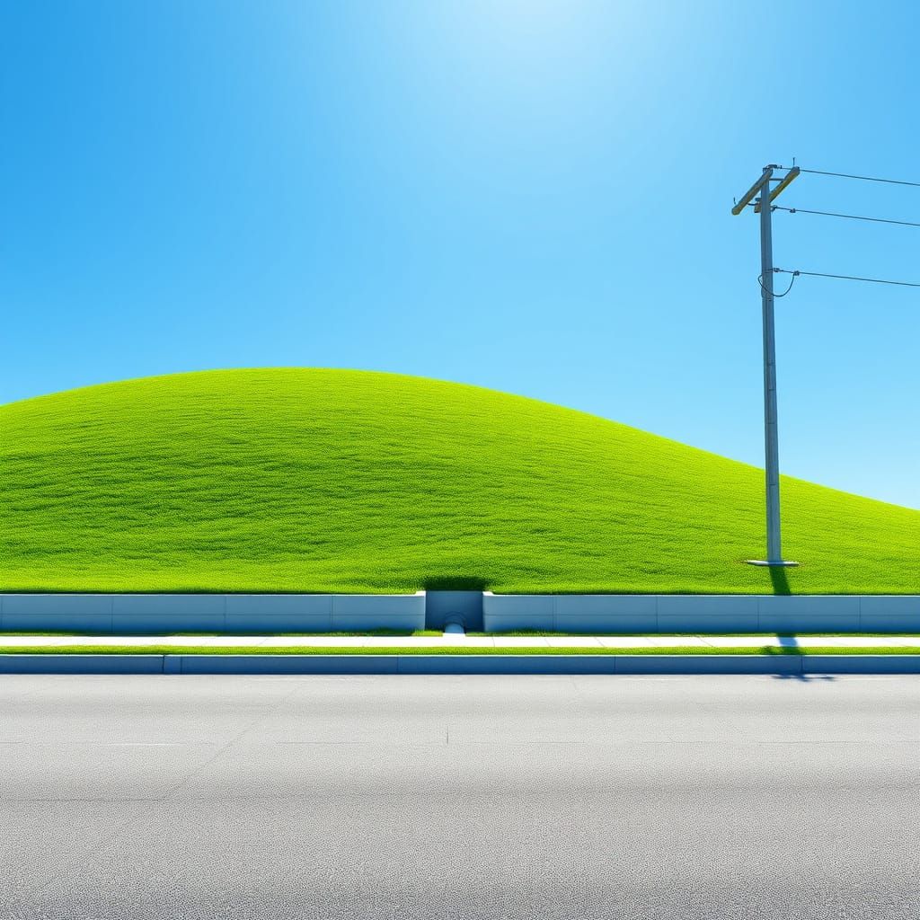 Minimalist Suburban Landscape with Green Hill