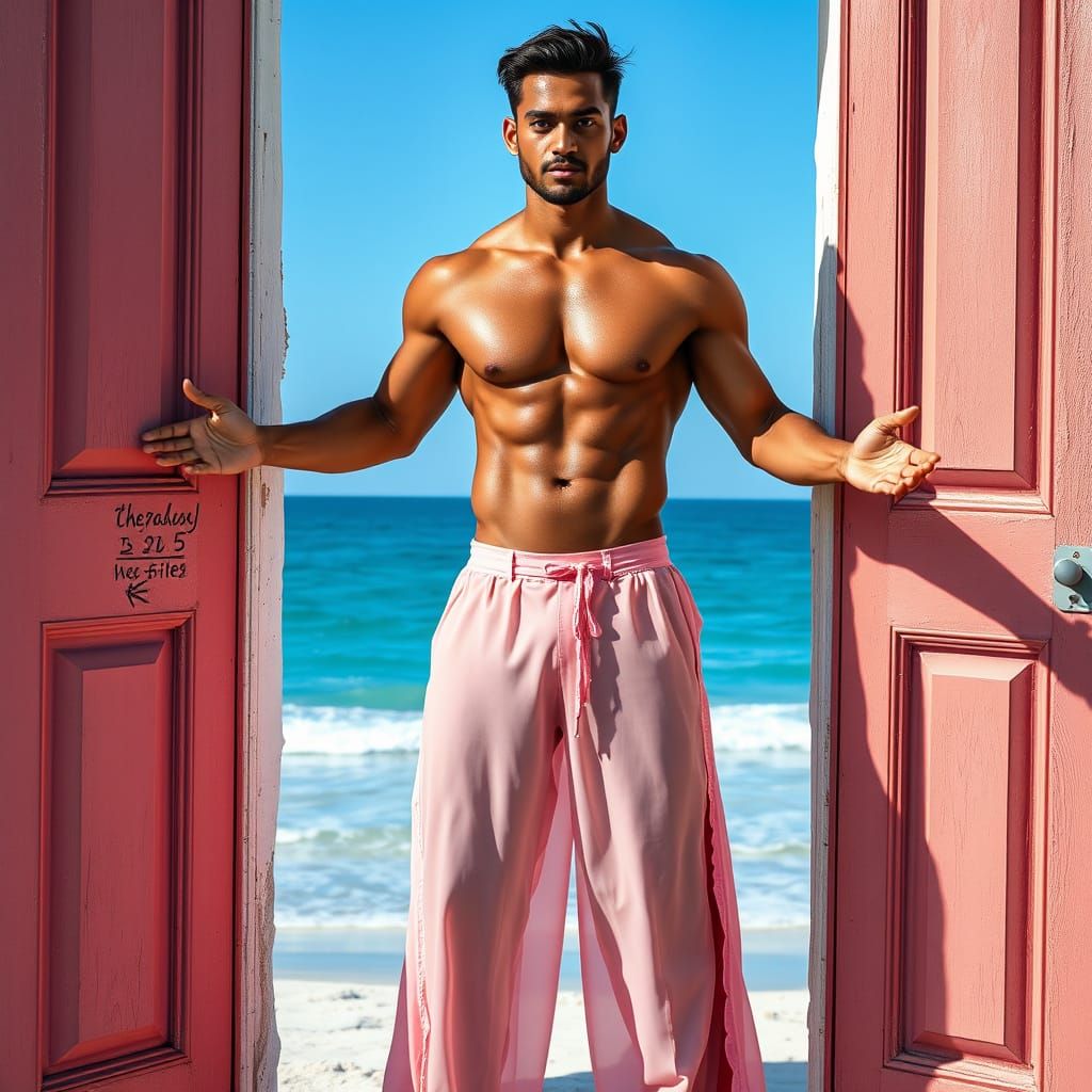 Muscular Man on Beach in Hyperrealistic Style