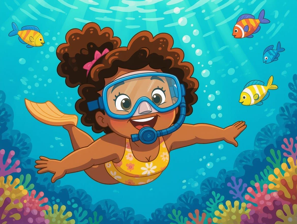 Joyful Black Girl Scuba Diving in Animated Style
