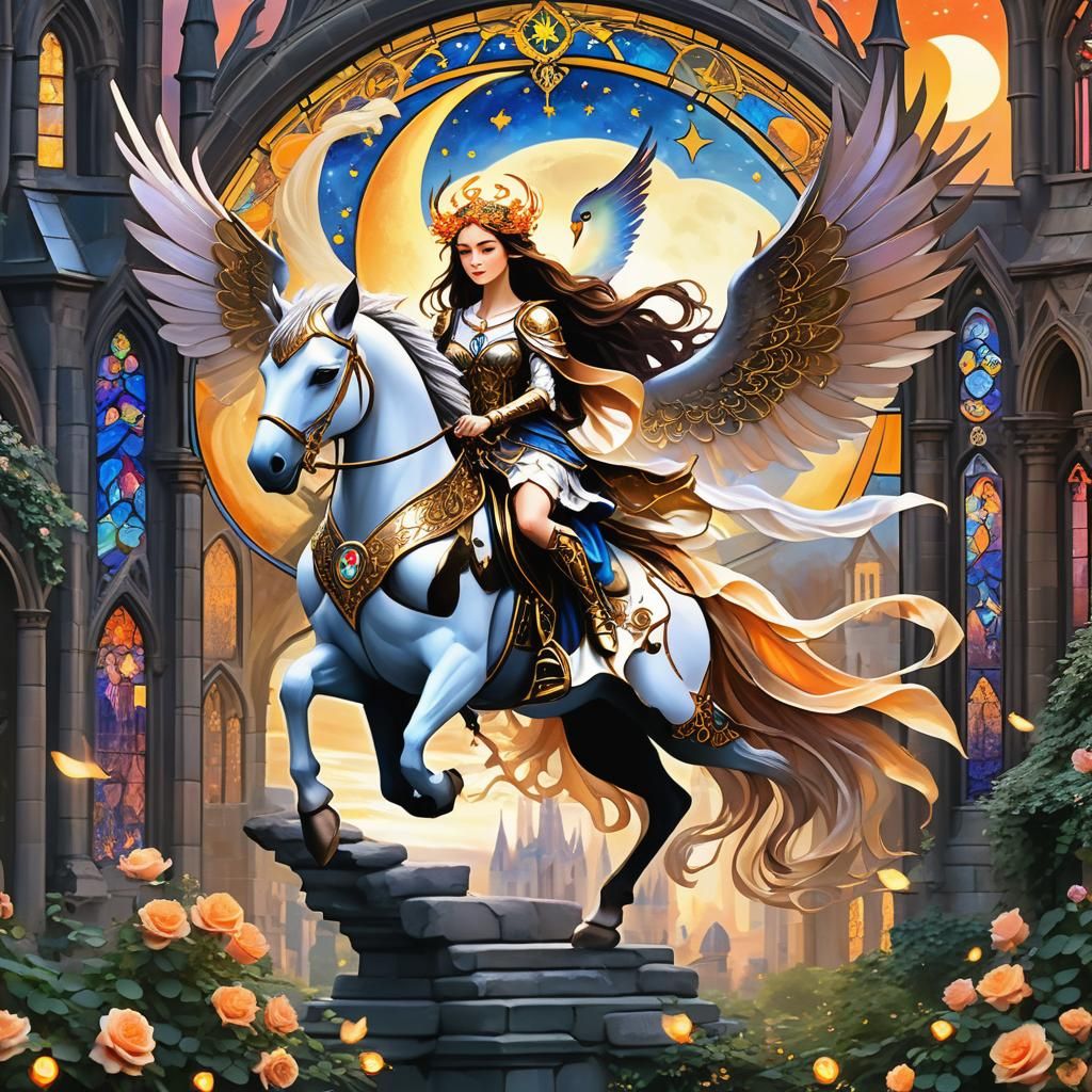 Valkyrie on Pegasus in Ancient Village