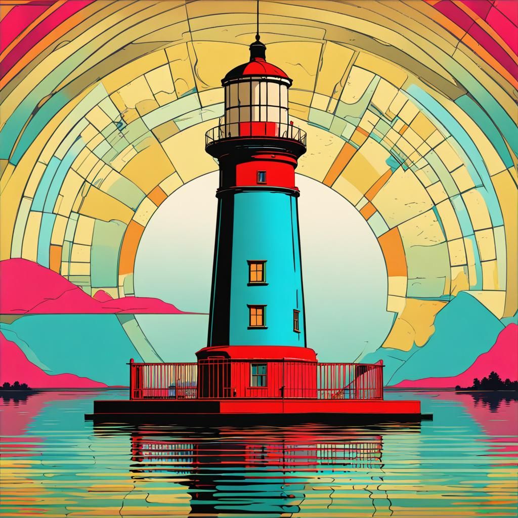 Colorful Lighthouse on Lake in Pop Art Style