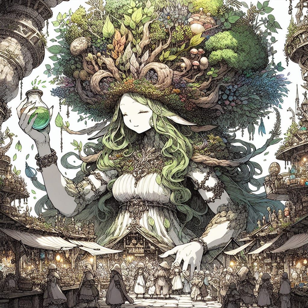 Dryad Dispensing Healing Potions in Whimsical Fantasy Market