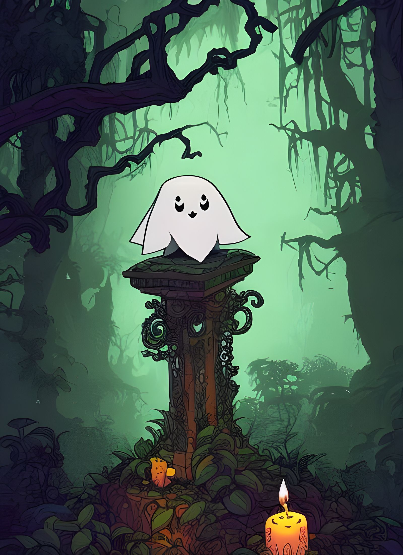 Cute Ghost in Graveyard Cel-Shaded Illustration