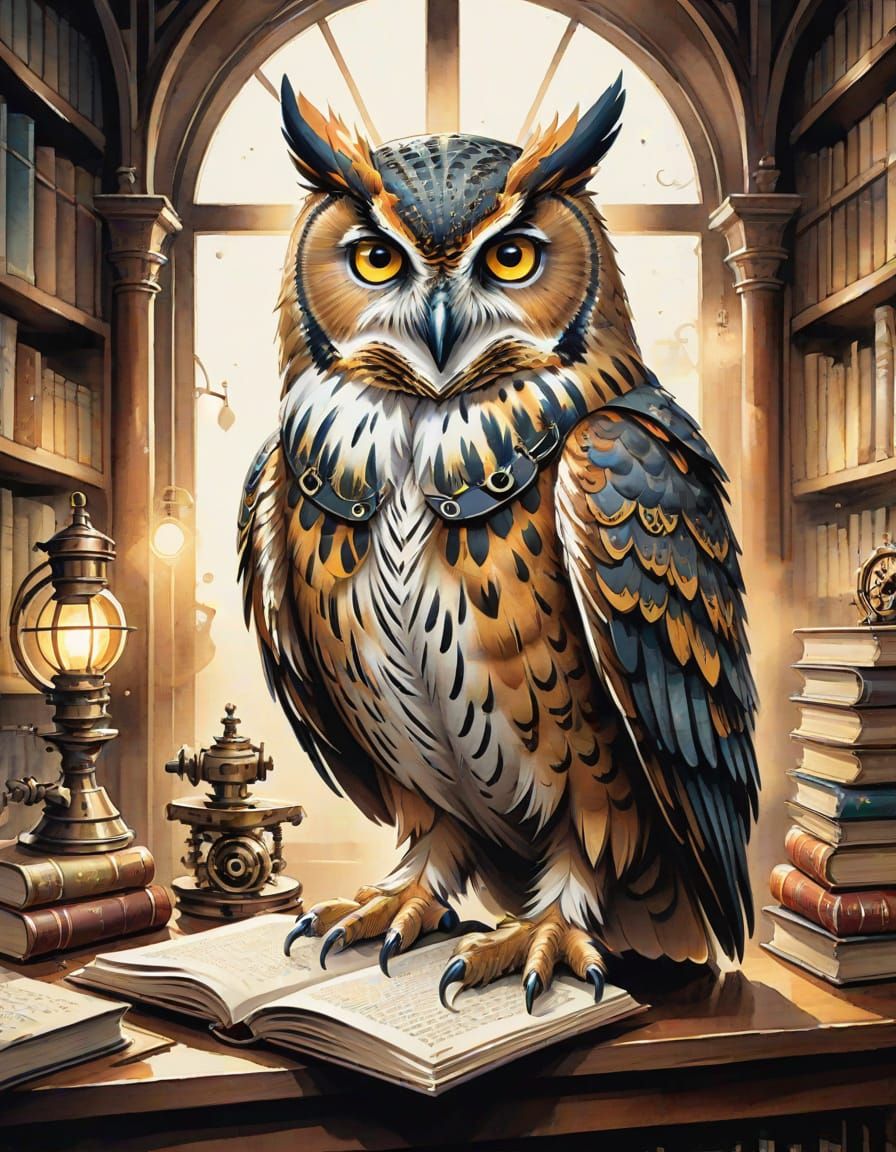 Timeless Scholar Owl in Whimsical Anime Style
