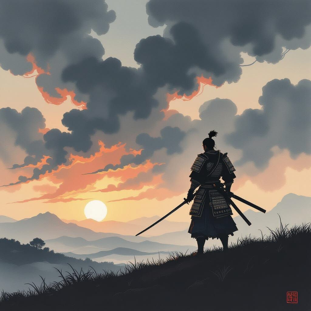 Samurai Warrior Overlooks Battlefield in Ink Wash Style