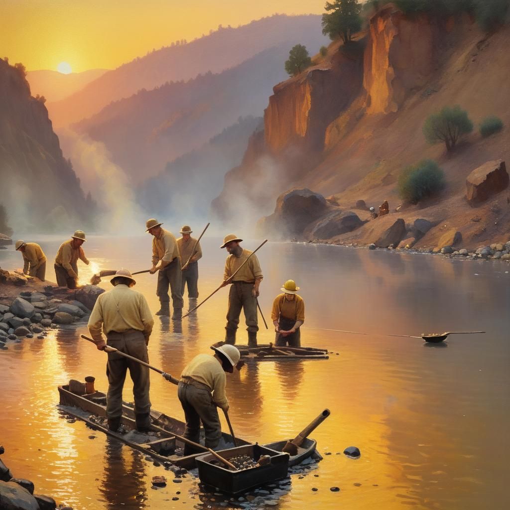 California Gold Rush: Miners in Pointillist Style