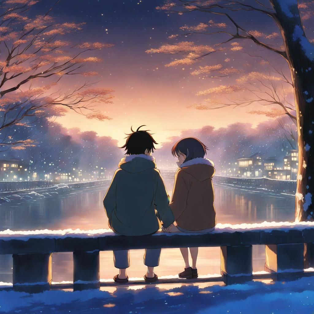 Boy Comforts Girl in Winter Park, Ghibli Style