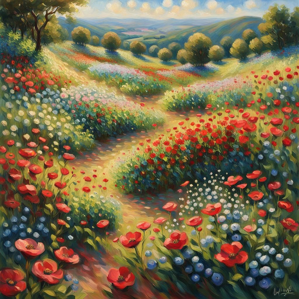 Impressionist Flower Field in Golden Light