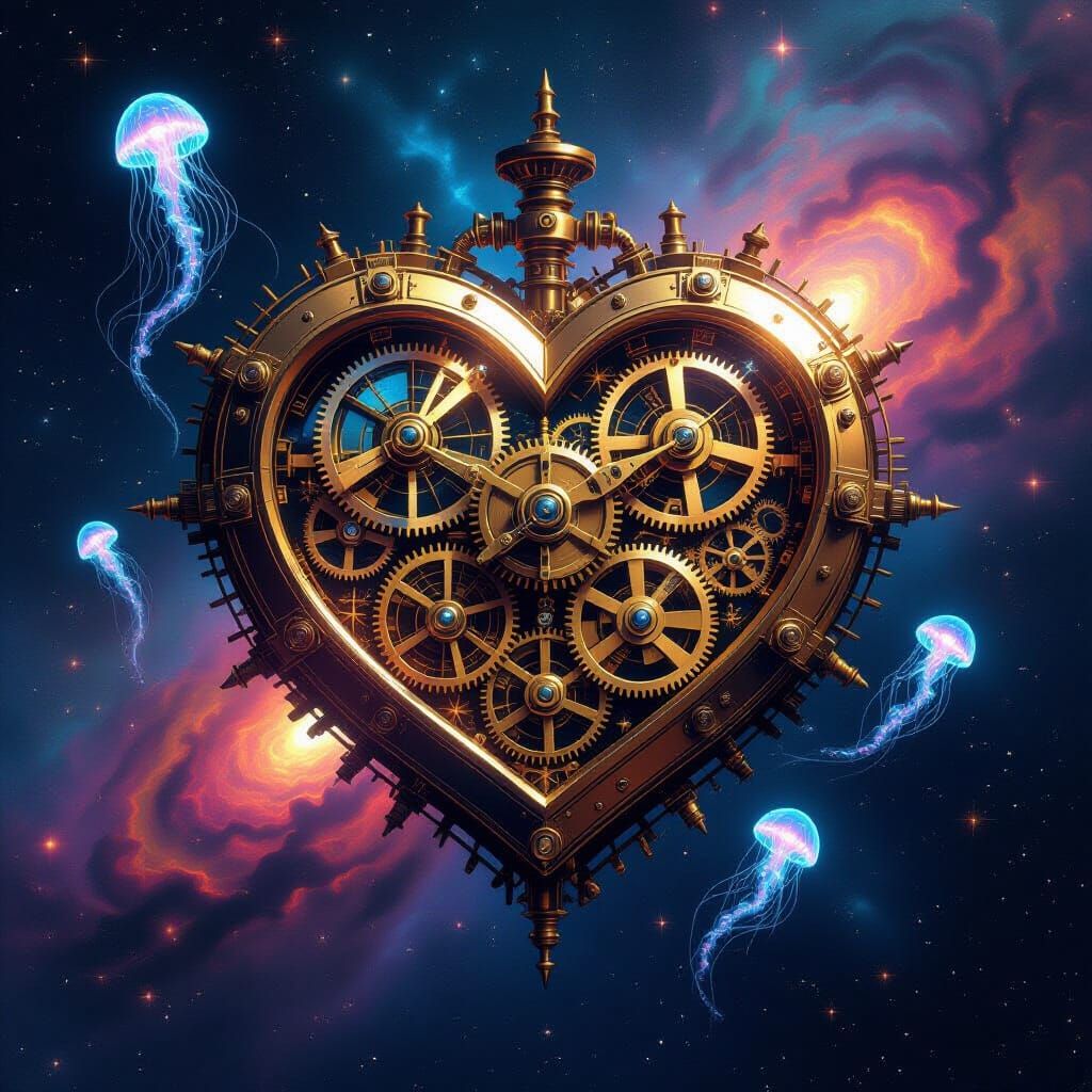 Brass Clockwork Heart in Cosmic Nebula