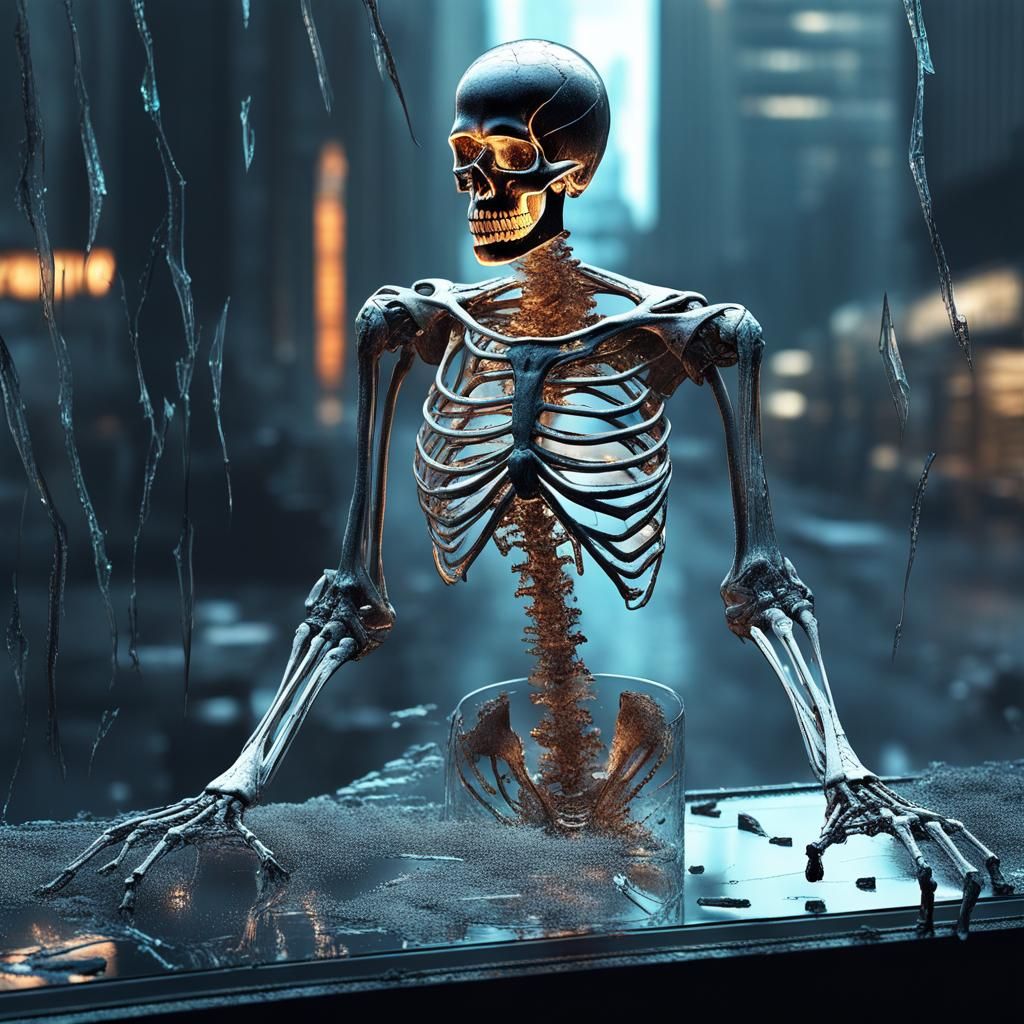 Glass Skeleton with Neon Cracks Walking Away