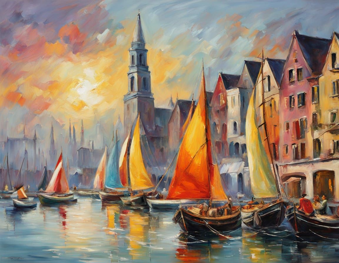 Vibrant Harbor Regatta with Festive Ships and Spired Buildin...