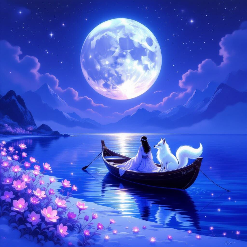 Ethereal Moonlit Sea with Rainbow Flowers and Magical Boat
