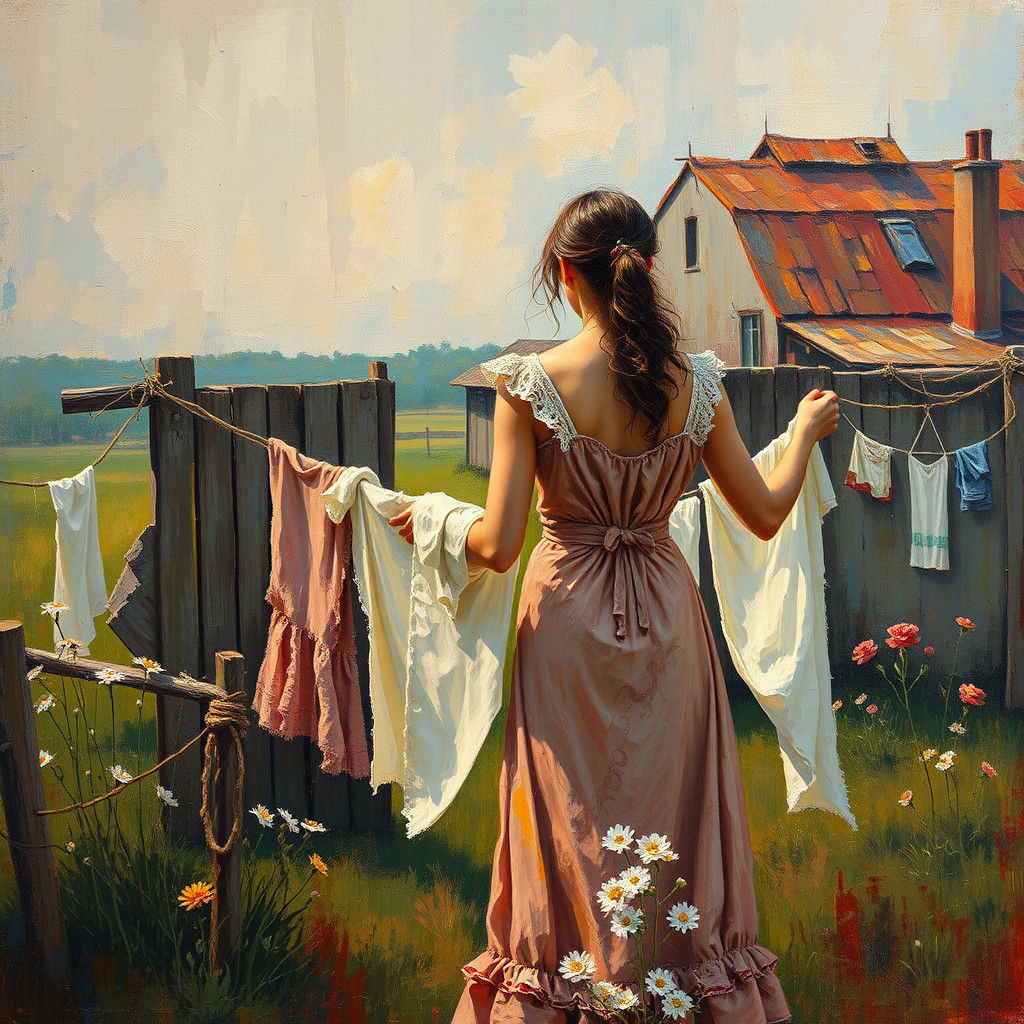 Woman Hanging Laundry: Surreal Impasto Oil Painting