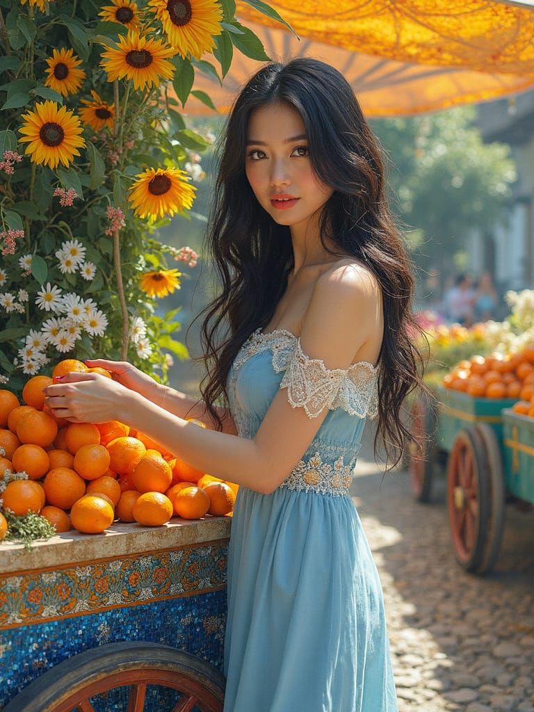 Elegant Woman in a Vibrant Market Scene