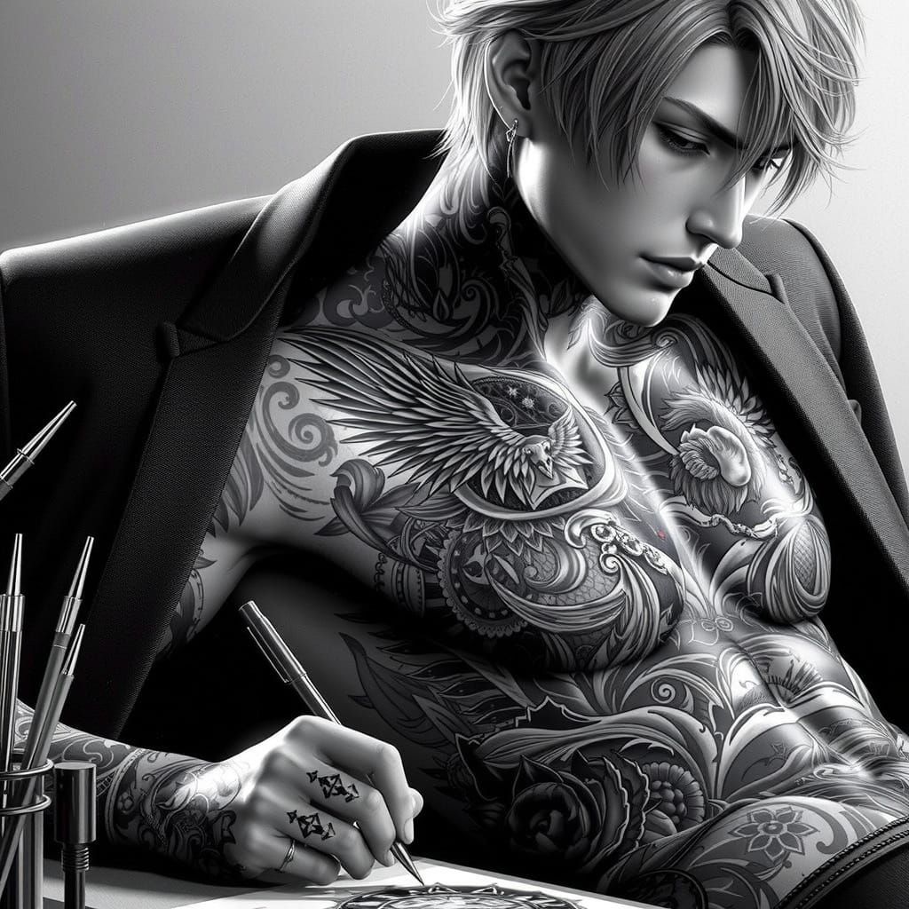 Bishounen Tattoo Mafia Portrait in Hyperreal Style