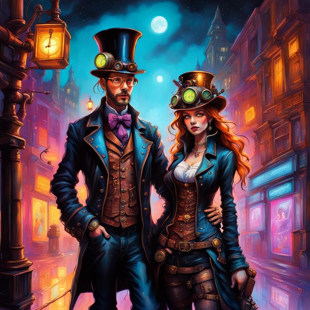 Steampunk-couple in a neon lit night city