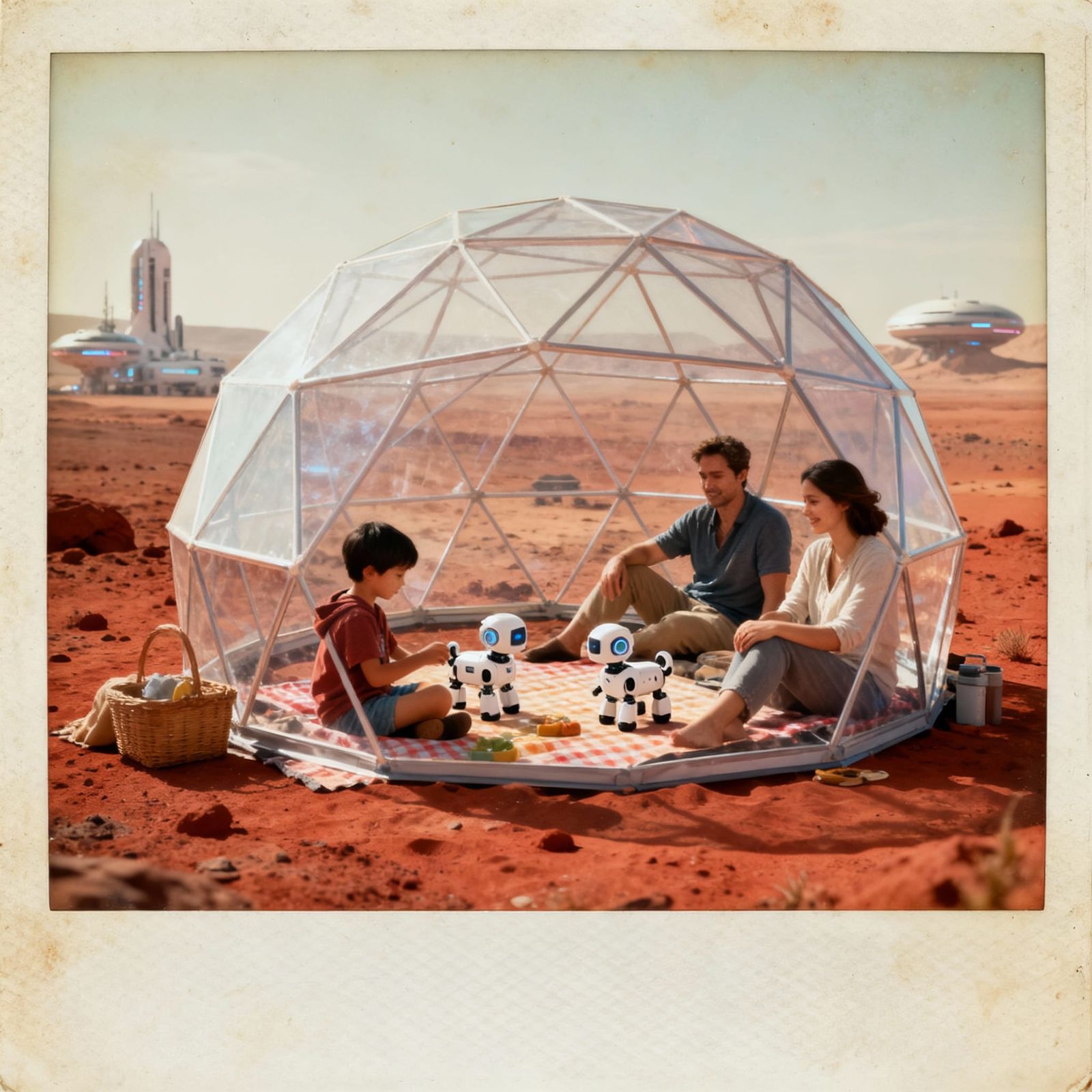 Family Picnic on Mars in Vintage Polaroid Style